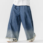Japanese Retro Denim Gradient Color Raw Edge Wide Leg Pants