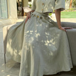 Custom Look Linen Blend Unique Metal Pattern Buttons Lace-up Waist Crisp Hem Maxi Skirt