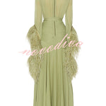 Geisha Lightweight Crepe Feather Trim Sleeve Ruched Waist Slit Maxi Dress