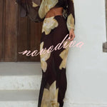 Floral Print Off-shoulder Long-sleeved Loose Top and Elegant Drawstring Maxi Skirt Set