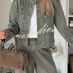Chivalry Denim Antique Silver Button Ribbon Military Pattern Long Sleeve Jacket
