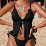 Solid Color Lace Backless Tie Two-piece Stretch Bikini Swimsuit