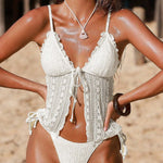 Solid Color Lace Backless Tie Two-piece Stretch Bikini Swimsuit