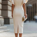 Solid Color Round Neck Ruffle Sleeve Elegant Slim-fit Midi Dress