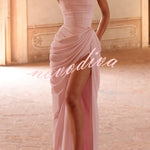 Cyra Back Lace-up Asymmetrical Pleats Strapless Slit Maxi Dress