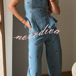 Sweet Casual Denim Cherry Print Princess Seams Flare Vest Top