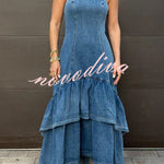 Graceful Smile Denim Back Zipper Slip Layered Ruffle Hem Maxi Dress