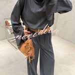 High Level Striped High Neck Long Slit Sleeve Top and Elastic Waist Pocket Loose Pants Set