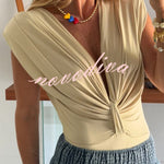 Ellie Stretch Fabric Deep V-neck Ruched Detail Short Sleeve Bodysuit