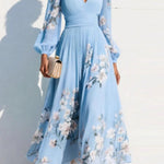 Floral Print V-neck Long-sleeved Fitted Waist Casual Maxi Dress