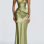 Emina Satin One Shoulder Asymmetrical Neck Cutout Back Lace-up Drape Maxi Dress