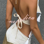 Stylish Halter Neck Lace Up Tassel Pendant Backless Top