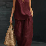 Linen Blend Solid Color V-neck Sleeveless Loose Top and Elastic Waist Casual Pocket Pants Set