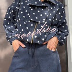 Kadence Polka Dot Zipper Lapel High Neck Drawstring Hem Sporty Jacket