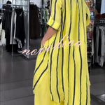 Ruan Linen Blend Stripe Print Long Sleeve Midi Shirt and Elastic Waist Pocketed Loose Pants Set