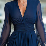 Floral Print Patchwork Mesh Long-sleeved V-neck Fitted Waist Maxi Dress