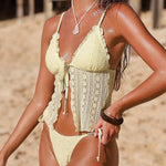 Solid Color Lace Backless Tie Two-piece Stretch Bikini Swimsuit
