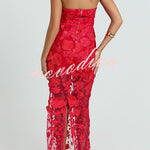 Sienna Floral Embroidered Fabric Off Shoulder Mermaid Silhouette Slit Maxi Dress
