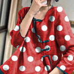 French Red Asymmetrical Button Linen Blouses Long Sleeve