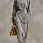 Exquisite Casual Lapel Front Zipper Long Sleeve Light Gray Waffle Fabric Maxi Dress