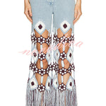 Belma Denim Handmade Embroidered Floral Crochet Detail Tassel Hem Pocket Jeans
