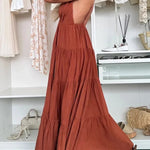 Bohemian Style V-neck Backless Slip Layered Vacation Maxi Dress