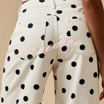 Retro Style Polka Dot Print High Waist Pocketed Wide Leg High Waisted Jeans