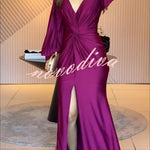 Raise A Toast Satin Long Balloon Sleeve Twist Waist Slit Maxi Dress