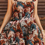Fashionable Horse Print Square Neck Sleeveless Elegant Slim-fit Mini Dress