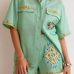 Linen Blend Loose-fitting Short-sleeved Button-down Shirt and Casual Pocket Shorts Set