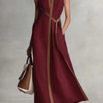 Linen Blend Color-blocked Edging V-neck Sleeveless Loose Maxi Dress