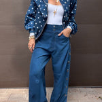 Kadence Denim Side Metal Hollow Ring Detail Pocket Lantern Pants
