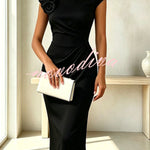 Elegant Solid Color Floral Embellished Pleated Waist Short Sleeve Midi Dress