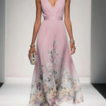 Light Blue Floral Chiffon V Neck Sleeveless A-Line Maxi Dress