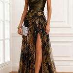 Ayla Satin One Shoulder Metallic Flower Detail Floral Tulle Hem Slit Maxi Dress