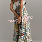 Sea Calling Linen Blend Unique Print Scalloped Detail Back Smocked Pocket Maxi Dress