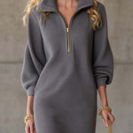 Exquisite Casual Lapel Front Zipper Three-quarter Sleeve Gray Waffle Mini Dress