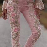 3D Floral Print Pocket Casual Jeans