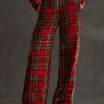 Retro Long-sleeved Mesh Red And Green Plaid Velvet Wide-leg Jumpsuit