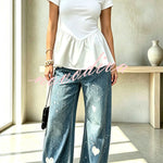 Playful and Cute Short Sleeve Ruffle Hem Stretchy T-shirt Top