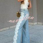 Elegant Street Style Denim Crochet Lace Trim High Rise Pocket Wide Leg Jeans
