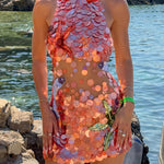 Dorothy Large Sequin Fish and Starfish Embroidery Detail Halter Mini Dress