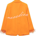 Chic Day Button Up Feather Trim Long Sleeve Pocketed Lapel Blazer