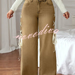 Fashionable Denim Mid Rise Side Ribbon Lace-up Pocket Wide Leg Jeans