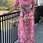 Churchill Social Playful Warhorse Print Stand Neck Ruffle Sleeve Belted Pocket Caftan Midi Dress