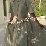 Custom Look Linen Blend Unique Metal Pattern Buttons Lace-up Waist Crisp Hem Maxi Skirt