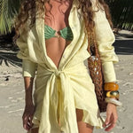 Solid Color Collared Long-sleeved Casual Shirt Style Lace Up Vacation Mini Dress