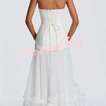 Serafina Strapless Back Lace-up Handcrafted Floral Appliqués Pleated Hem Gown Maxi Dress