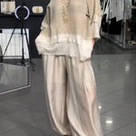 Lucy Knit Cutout Layered Design Half Sleeve Top and Satin Elastic Waist Pocketed Lantern Pants Set