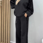 Stylish Sequined Loose-fitting Crew Neck Top and Casual Pocket Wide-leg Pants Set